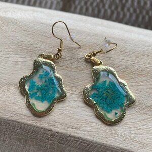 Handmade Unique Teal Colored Pressed Flower Earrings with Gold Frame